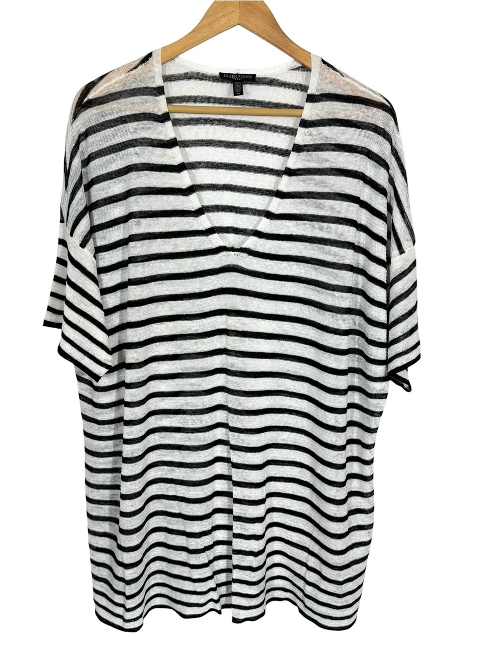 Eileen Fisher Organic Linen V-Neck Stripe Top Blouse White Black 2X Thin Knit